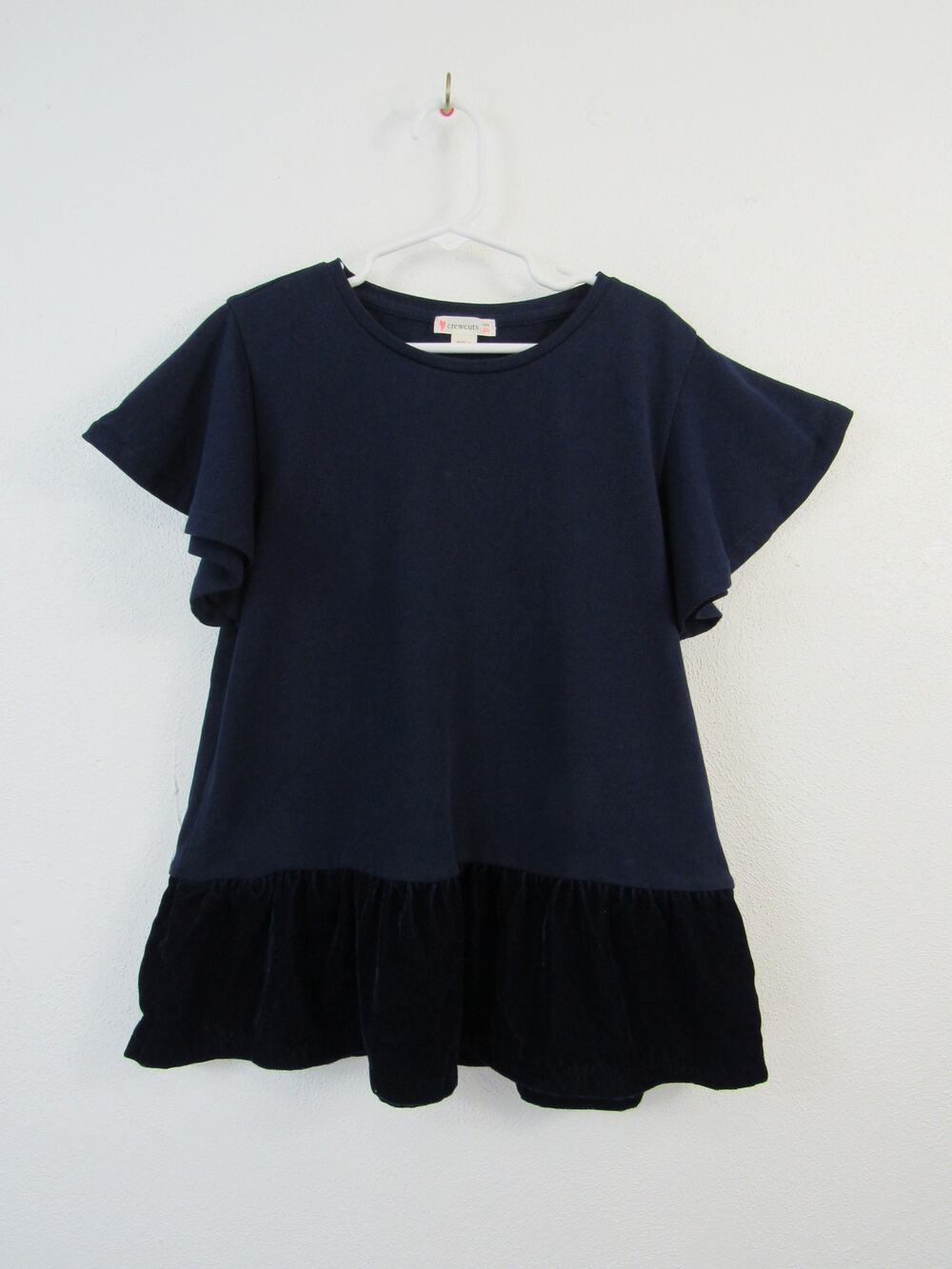 Crewcuts Girls 10 Navy Blue Short Sleeve Top Velvet Ruffle Detail Crew Neck Kids
